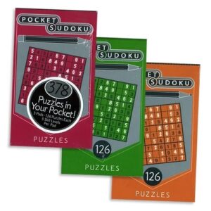 Original Pocket Sudoku Game Pads 3-Pack - 378 sudoku puzzles with answers, three skill levels per book