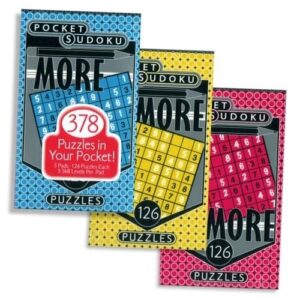 MORE Pocket Sudoku Game Pads 3-Pack -378 puzzles with answers, three skill levels per book