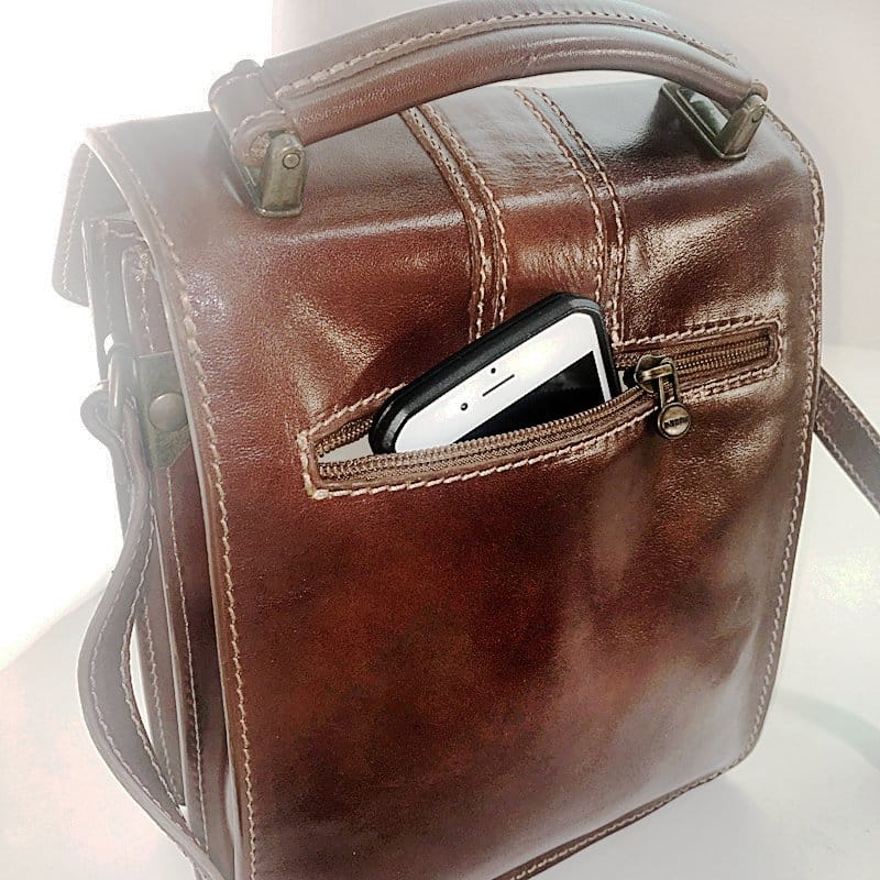 Detail View: The "body side" of our Locking "Reporter Bag" of Finest Italian Leather features a zippered pocket for easy access